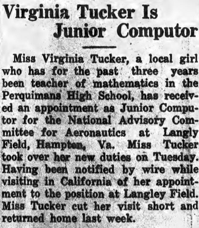 Newspaper article announcing Virginia Tucker's appointment to NACA. From the September 6, 1935 edition of the Perquimins Weekly, courtesy of North Carolina Digital Heritage Center.