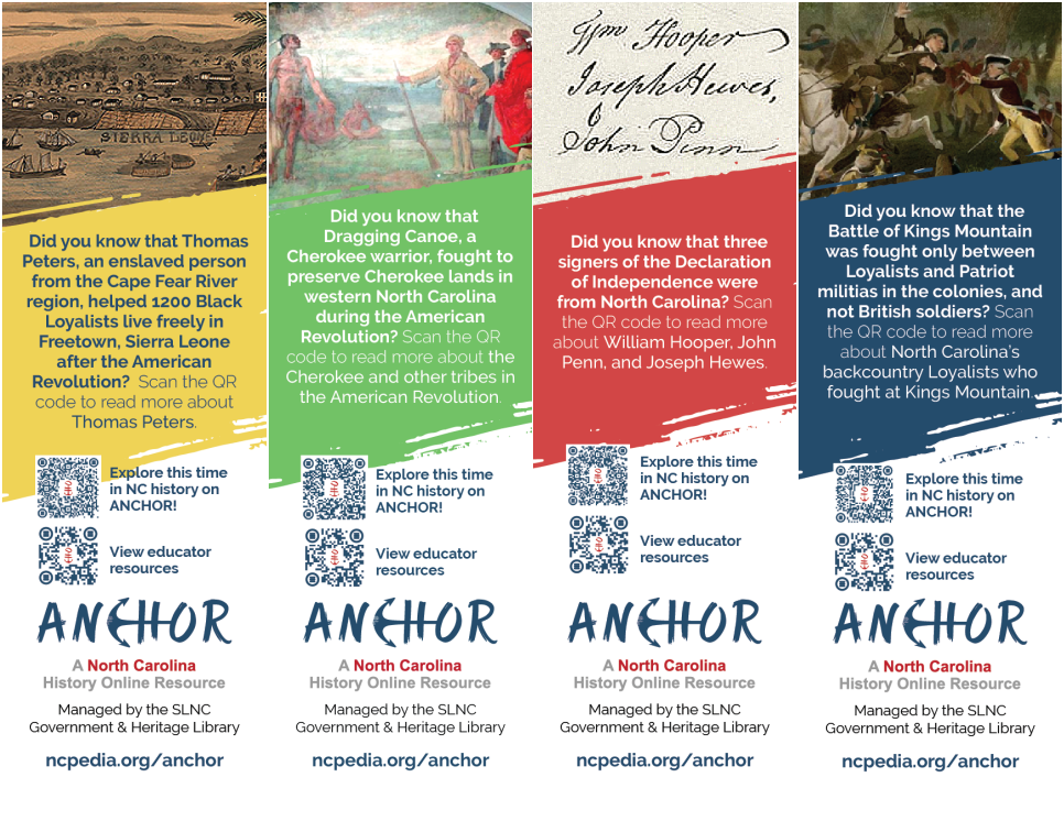 Four bookmarks side by side, all dealing with North Carolina's Revolutionary War history.