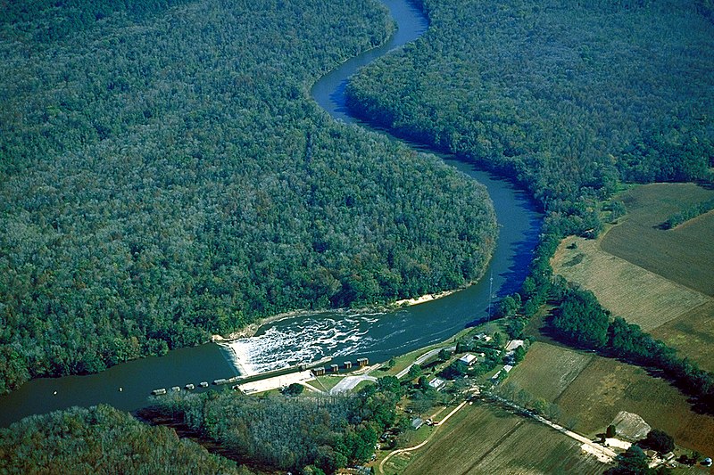 A river winds through a forest. River rapids surge at the forefront of river. A small facility is near the rapids on land. 