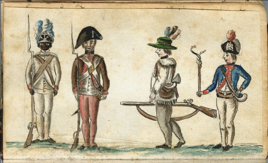 An illustration depicting several different races as four Revolutionary soldiers. From left: black, multiracial, white, and white.