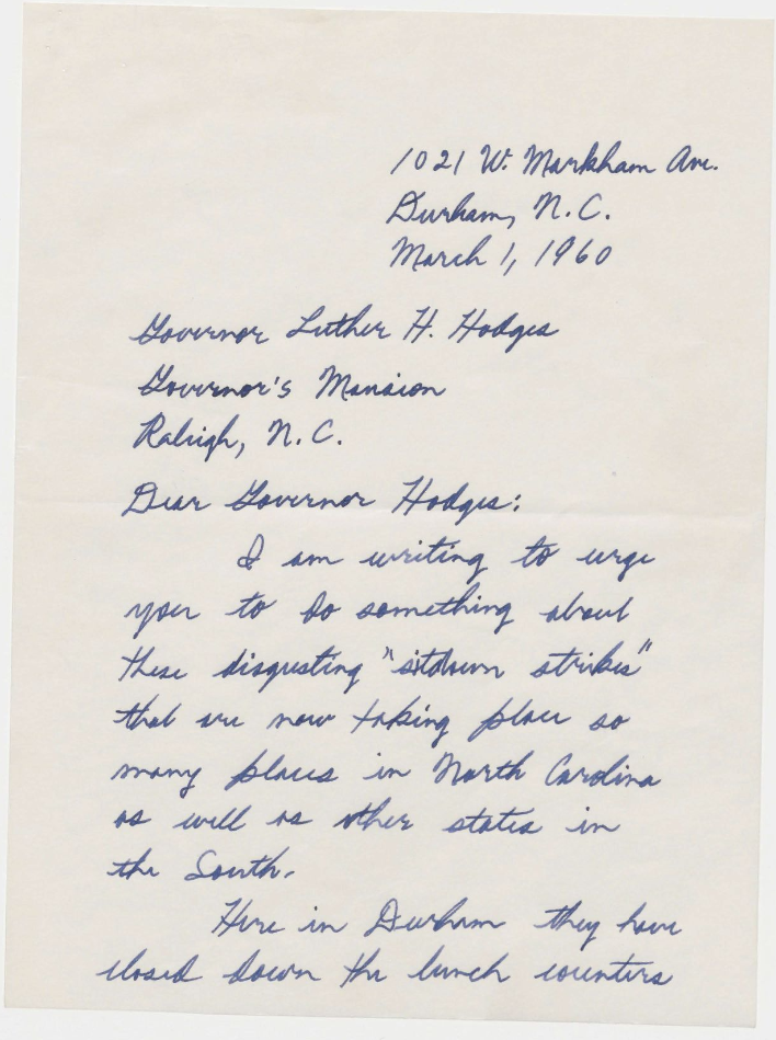 A written letter addressed to Governor Hodges about the sit-ins.