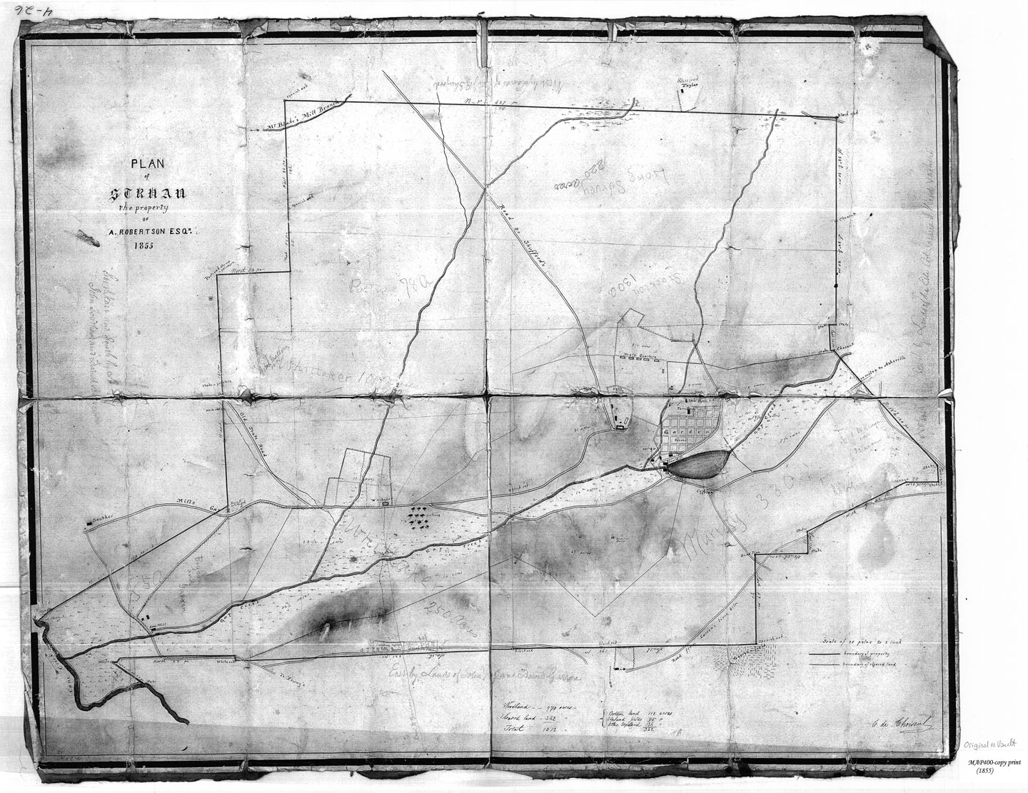 Map draft on wrinkled paper. On the left side of the page, "PLAN OF STRUAN" is written.