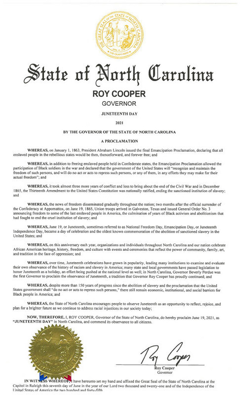 2021 Proclamation of Juneteenth Day by Governor Roy Cooper