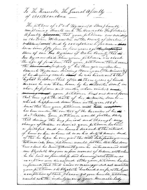 A primary source document of enslaved man Ned Hyman petitioning for his freedom