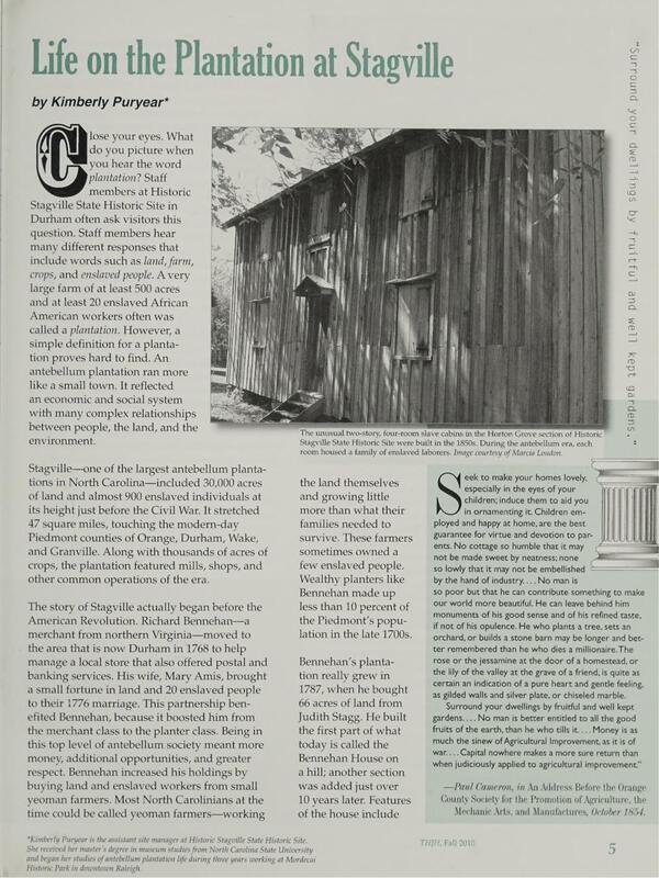 Article from Tar Heel Junior Historian about life on Stagville Plantation