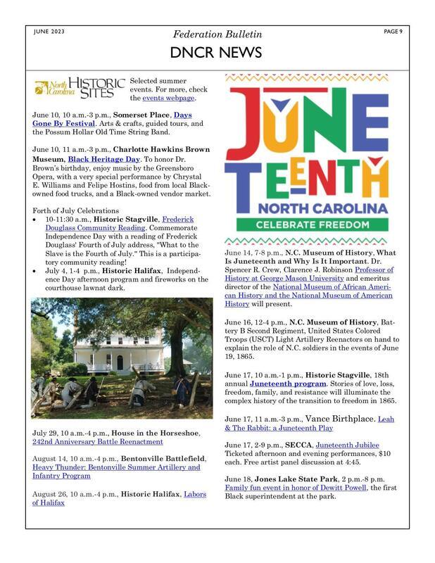 Federation Bulletin with DNCR News of Juneteenth presentation at NC Museum of History