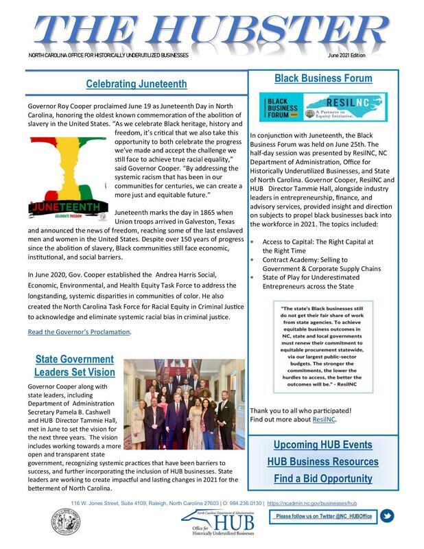 Newsletter of the Office for Historically Underutilized Businesses discussing the celebration of Juneteenth.