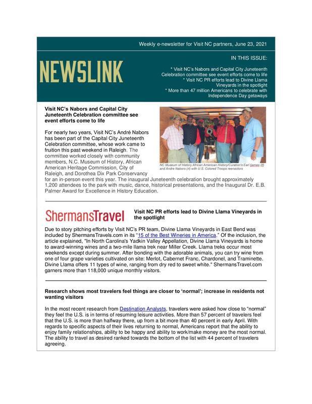 Weekly e-newsletter for VisitNC partners with an article talking about plans for a Juneteenth celebration in Raleigh