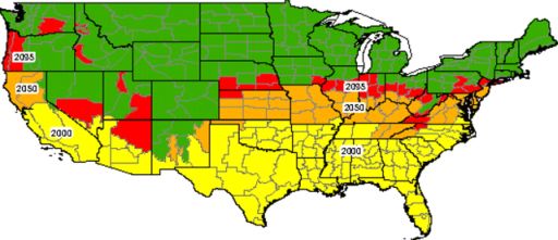 "Growth of the U.S. “kidney stone belt” in response to projected climate change. Risk increases with time from red > orange > yellow. " From the National Academy of Sciences. 