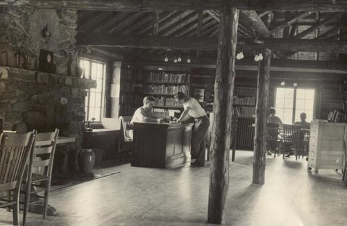 Interior of the log library that Farm School students built in the early 1930s. Image courtesy of Warren Wilson Archives. 