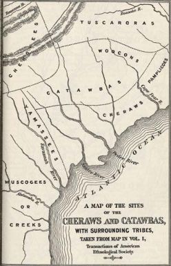 "Map of the sites of the Cheraws and Catawbas. From Gregg's History of the Old Cheraws." Image courtesy of UNC, Documenting the American South. 