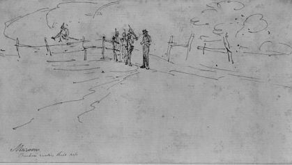 "Maroon. Buckra reading their pass." Summary from Library of Congress: Drawing shows a white man (Buckra) reading the pass of Maroons (runaway slaves) on a road. Created between [between 1808 and 1815]. Courtesy of Library of Congress. 