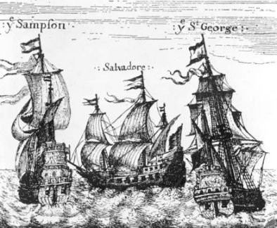 Depiction of three wooden sailing ships in open water.