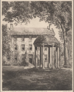 North Carolina University, at Chapel Hill / “Old East and Old Well[“] [Etchings of North Carolina Scenes] Album 9, Plate XXXXII, North Carolina Collection, UNC Libraries