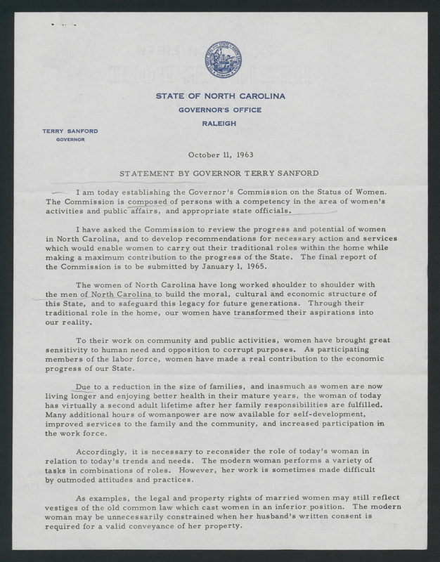 Copies of the executive order from Governor Terry Sanford establishing the Commission of the Status of Women. In addition, there are statements from Governor Sanford expressing the reason for the establishment and recommendations expected from the group.