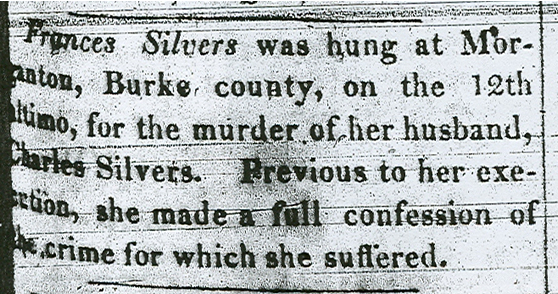Newspaper article announcing Frankie Silver's death, 1833