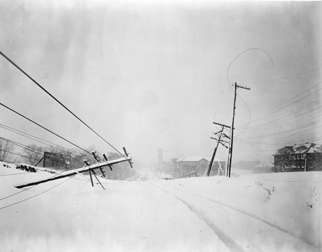 Snow Storm, April 2-3, 1915, Hillsborough Road (Hillsborough Street?), near A&M College (NC State University?), Raleigh, NC. From Carolina Power and Light Photograph Collection, North Carolina State Archives, call #: PhC68_1_490_1.