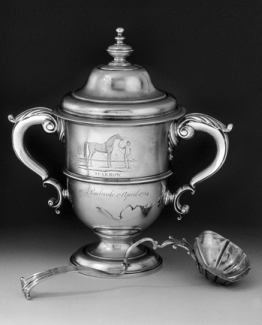 The Sparrow Cup, made in London to commemorate the victory of the horse Sparrow in a race at Pembroke Plantation near Edenton in 1754. Courtesy of Rebecca Miles, Greensboro. Photography courtesy of Colonial Williamsburg Foundation.