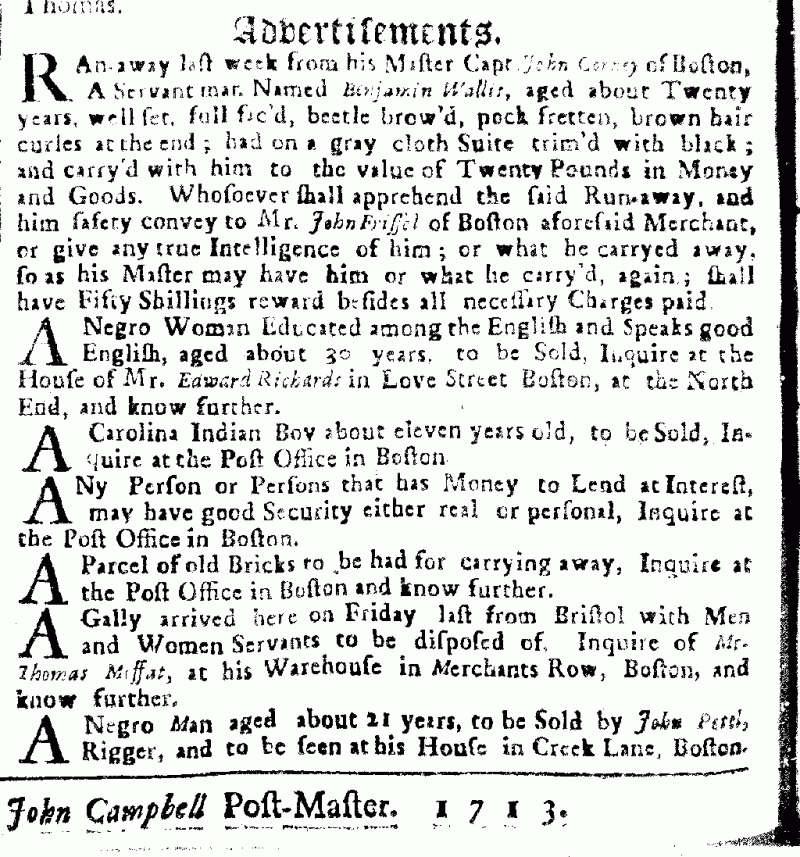 Advertisements from the Boston News-Letter, 1713 | NCpedia