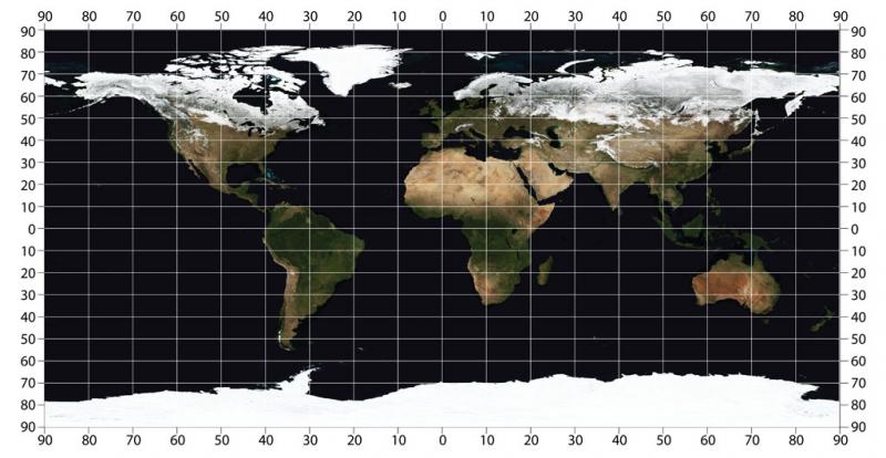 Satellite map of world, Mercator projection, with grid | NCpedia