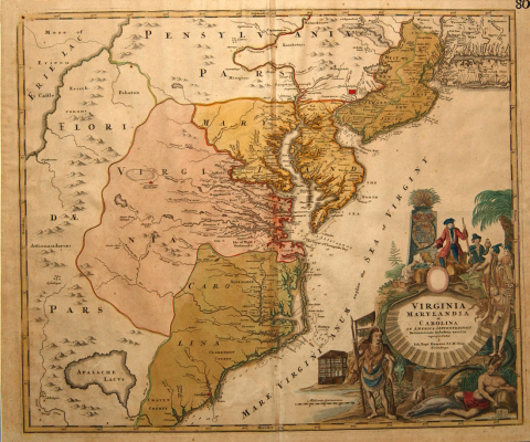 Circa 1714 map of Maryland, Virginia, and Carolina