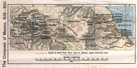 A map depicting the invasion route taken by Hernán Cortés