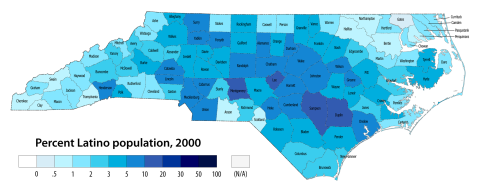 Percent Latino population, 2000