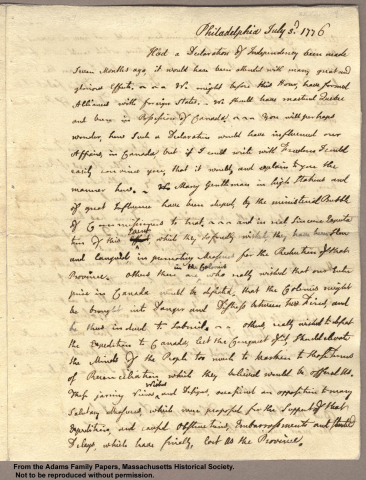 Letter from John Adams to Abigail Adams, 3 July 1776 - Had a declaration... (page 1 of 3)