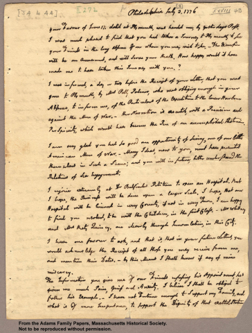 Letter from John Adams to Abigail Adams, 3 July 1776 (page 1)