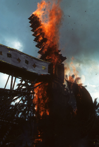 Cremation tower burns and falls at end of Brahman funeral