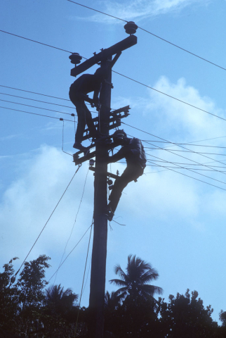 Two men climb high pole to work on electric lines