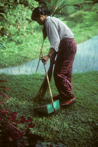 Young woman wearing woven wrapped cloth and shirt sweeps grass at tourist hotel