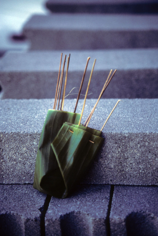 Grilled meat on skewer sticks wrapped in banana leaf package for take-out