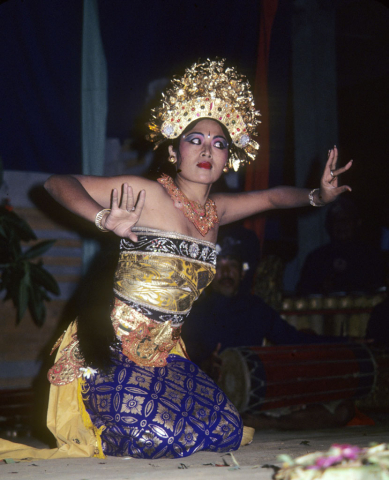 Balinese Bumble Bee dancer kneels with her arms up and palms towards audience