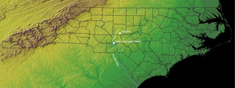 Map showing Seagrove, Town Creek Indian Mound, and the Pee Dee River