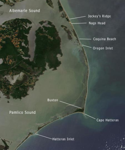 Satellite image and map of the North Carolina coast