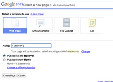 Google Sites screenshot: Create page