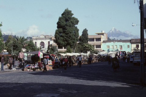 Market town with snow-capped peak in background