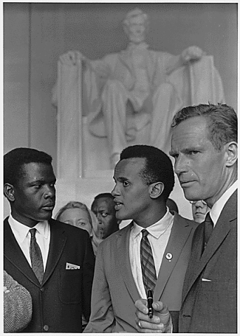 Sidney Poitier, Harry Belafonte, and Charlton Heston at the 1963 March on Washington