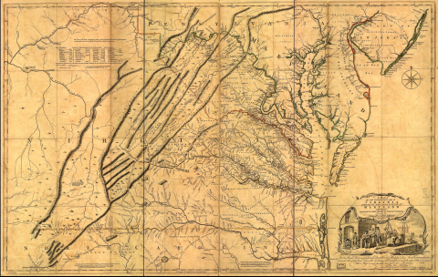 Fry-Jefferson map of Virginia, 1751, showing the Great Wagon Road