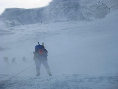 Difficult conditions on the Lhotse Face of Mount Everest