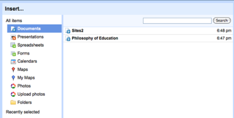 Google Sites screenshot: Insert document 