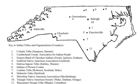 Map of state-recognized Indian tribes and organizations in North Carolina