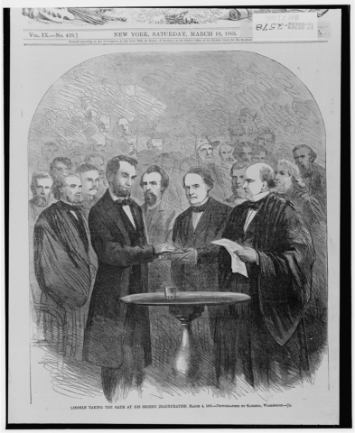 Illustration: Lincoln taking the oath at his second inauguration, March 4, 1865