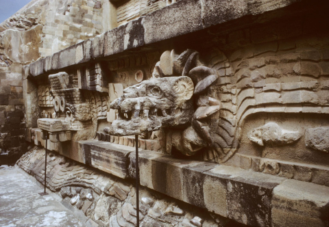 Carved stone wall in Teotihuacan, Mexico