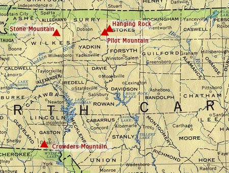 Map showing North Carolina monadnocks