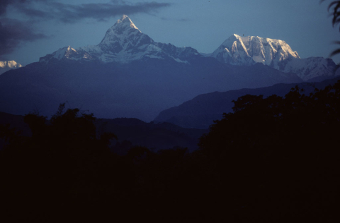 Machapuchare and Annnapurna II mountain peaks seen from Pokhara, Nepal 