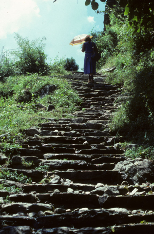 Climbing up the steps along a mountain trail in Nepal