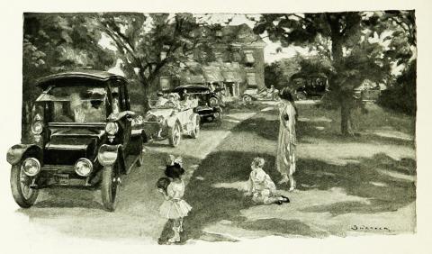 Cars leaving a suburban home, 1915