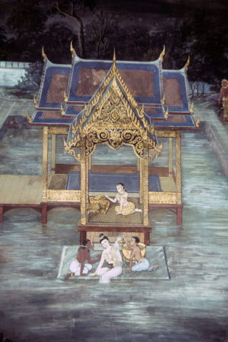 Sita taking royal bath before wedding (Thai Ramayana mural)